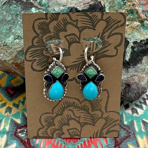 LEO FEENEY Sterling Sleeping Beauty Carico Lake Turquoise Hoop Earrings Dangles - Picture 1 of 2